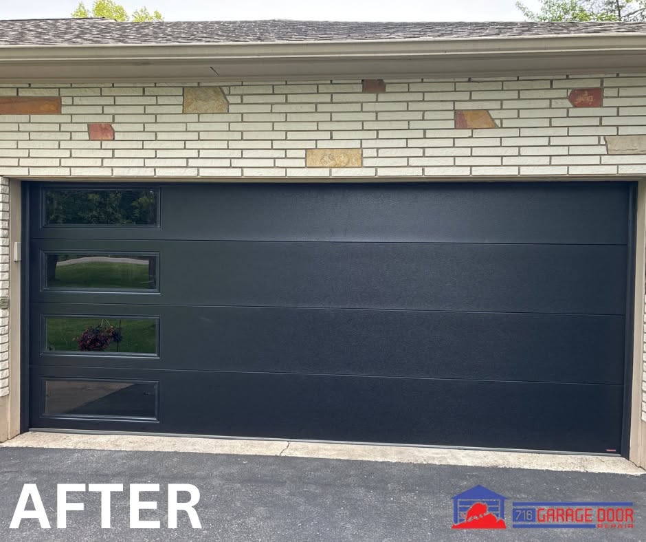 modern black garage door with window inserts