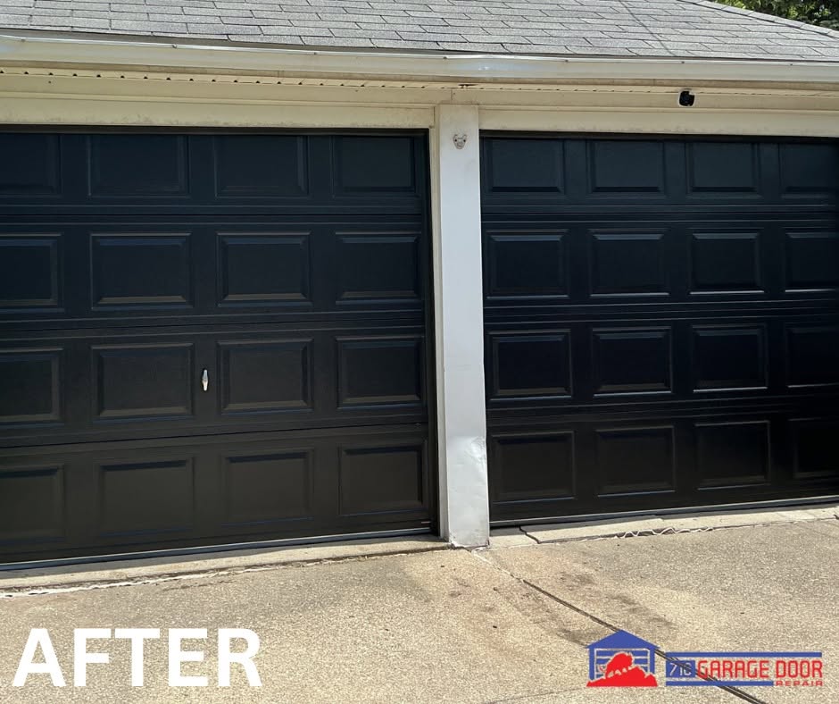 Two matching black raised-panel garage doors installed by 716 Garage Door Repair